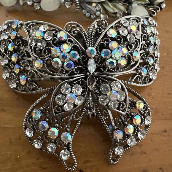 Set Of 6 BUTTERFLY HAIR BARRETTE CLIP CRYSTAL SILVER TONE METAL Vintage Y2K - Picture 2 of 8